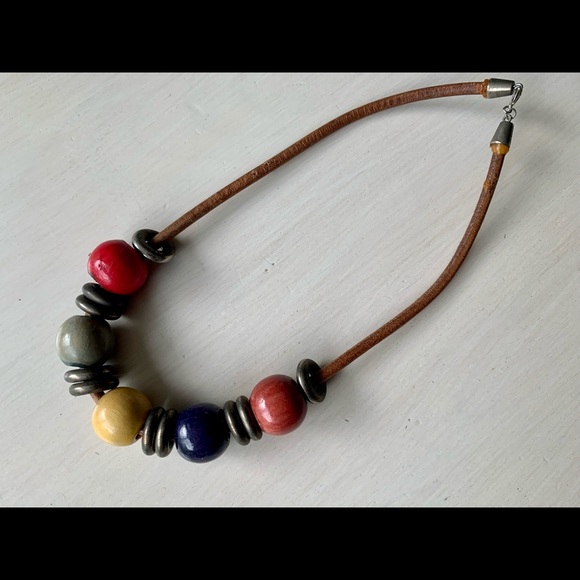 70’s Wood Lacquered Coloured Beads with Metal Hoops on Leather. - Picture 2 of 4